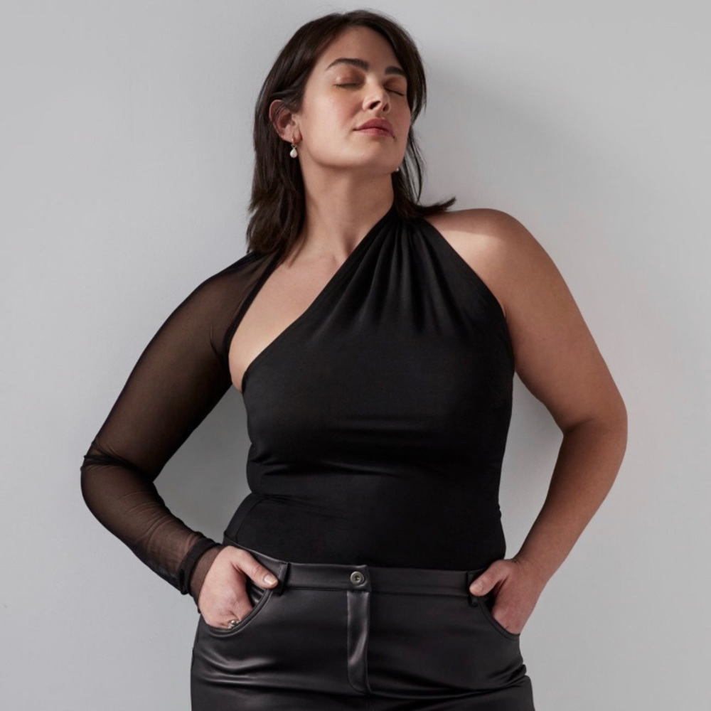 Marcella Manhattan One Shoulder Top in Black Jersey/Mesh